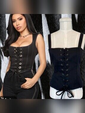 Black Lace-Up Corset Tank Top